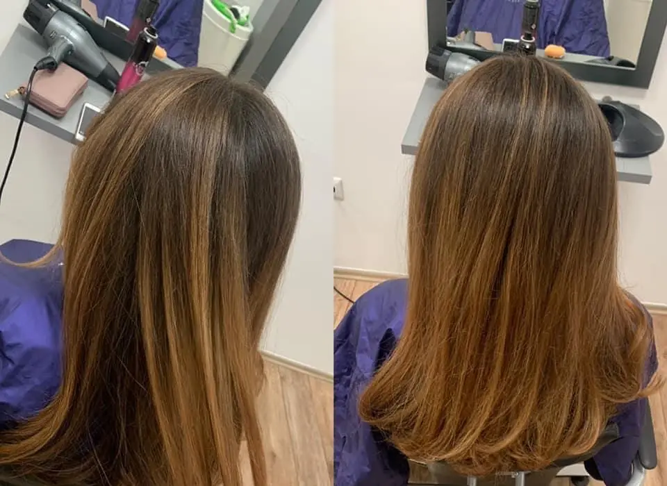 Längen aufgehellt, Ansatz stehen gelassen – Ergebnis aus dem Salon Comhair in Düsseldorf-Bilk